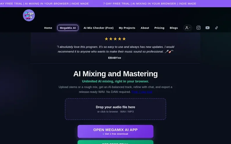 Screenshot of the MegaMix AI homepage