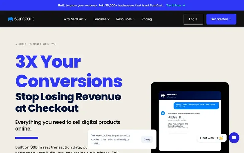 Screenshot of the SamCart homepage