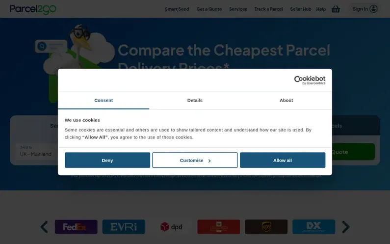 Screenshot of the Parcel2Go homepage