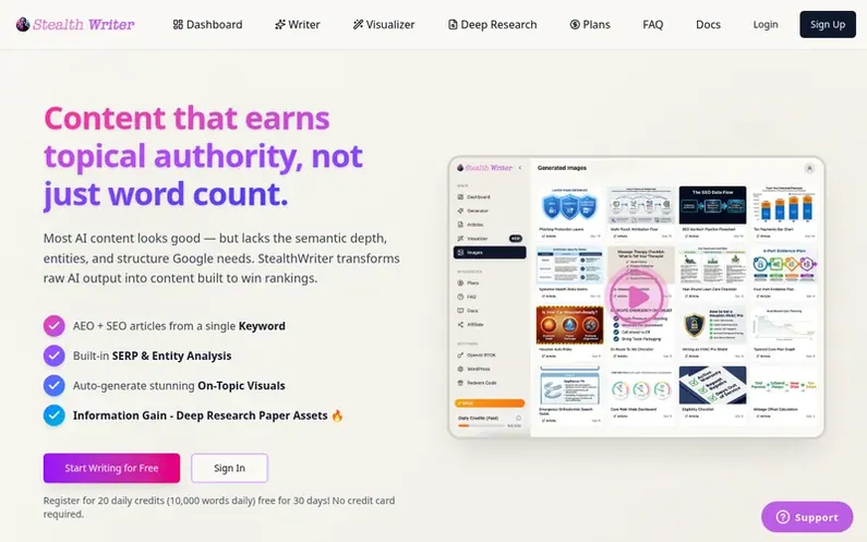 Screenshot of the Stealth Writer homepage