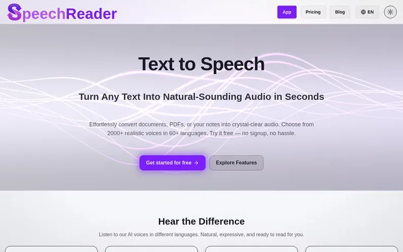 Screenshot of the SpeechReader homepage