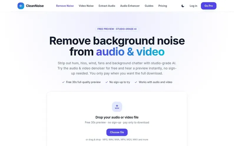 Screenshot of the CleanNoise homepage