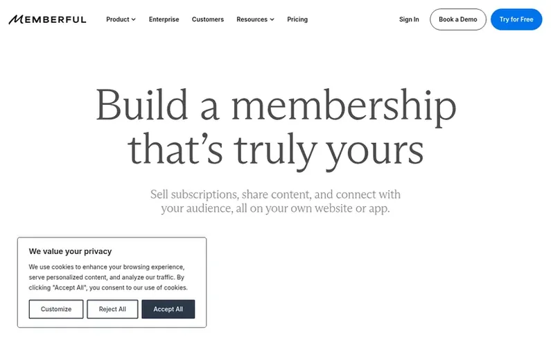 Screenshot of the Memberful homepage