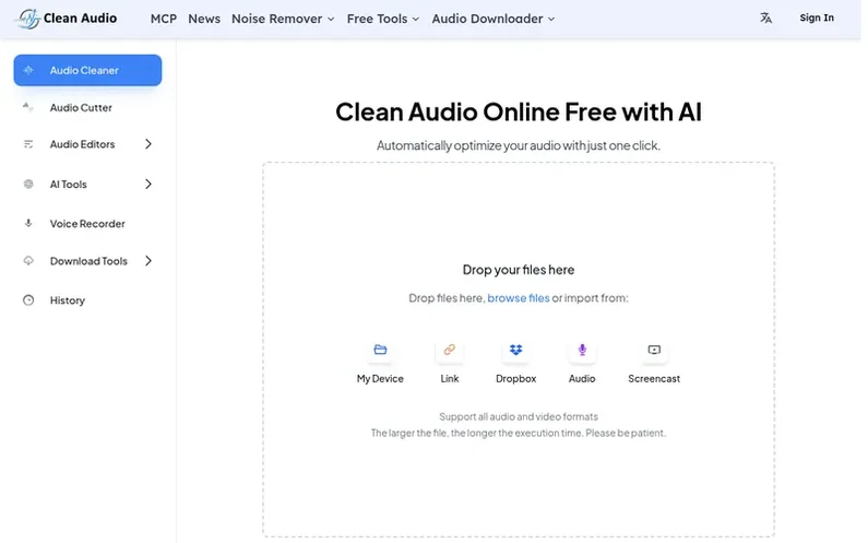 Screenshot of the CleanAudio homepage