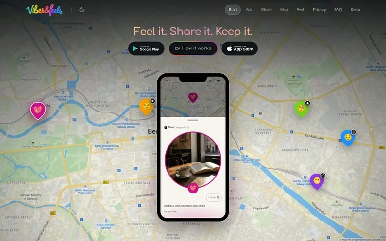 Screenshot of the Vibes'n'Feels homepage