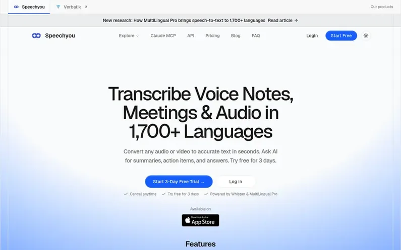 Screenshot of the Speechyou homepage