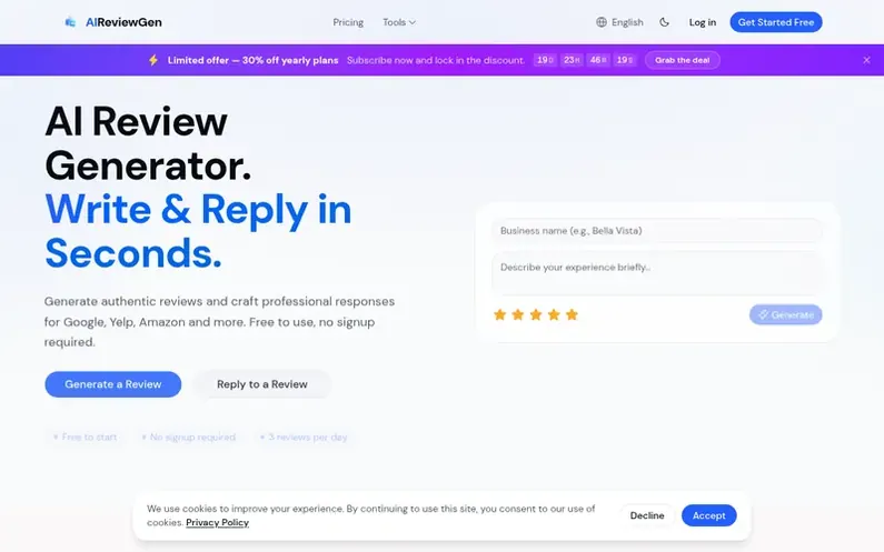 Screenshot of the AI Review Generator homepage