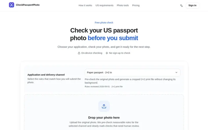Screenshot of the CheckPassportPhoto homepage