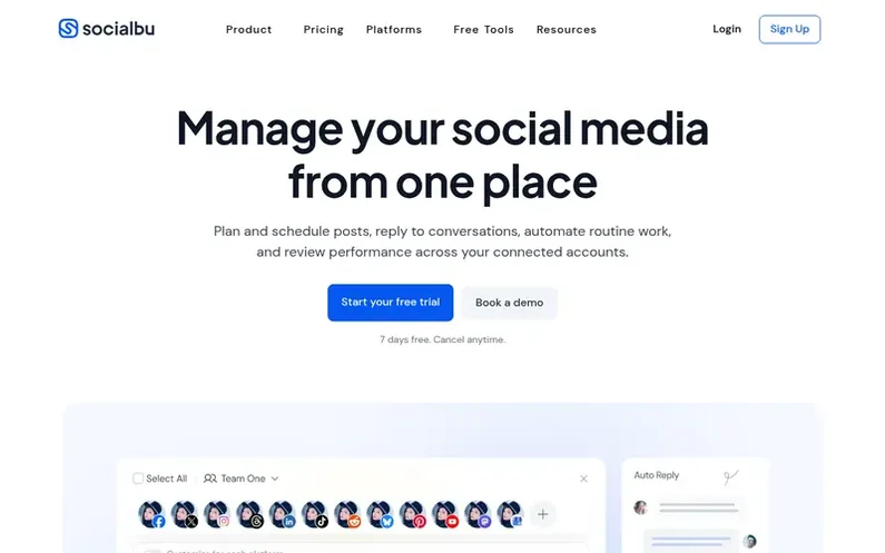 Screenshot of the SocialBu homepage