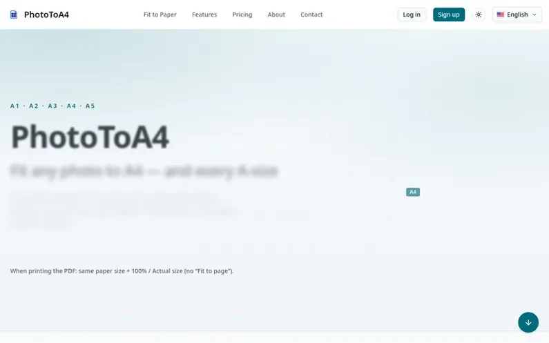 Screenshot of the PhotoToA4 homepage