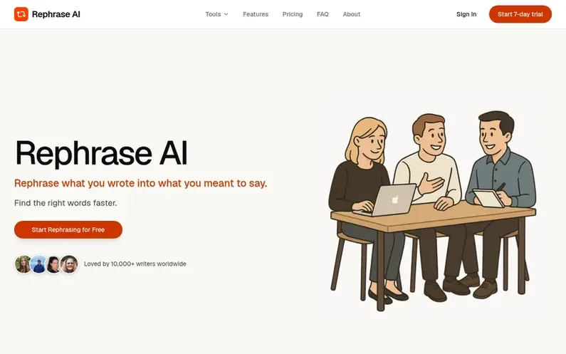Screenshot of the Rephrase AI homepage
