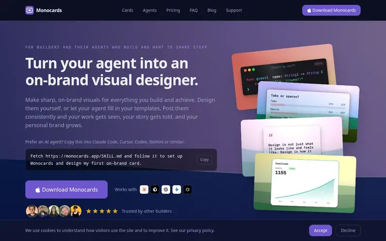 Screenshot of the Monocards homepage