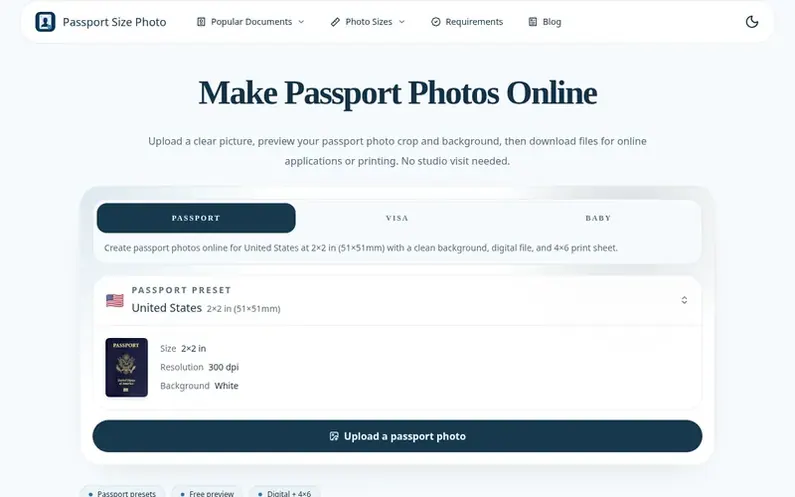 Screenshot of the Passport Size Photo homepage