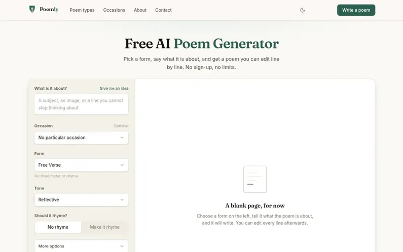 Screenshot of the Poemly homepage