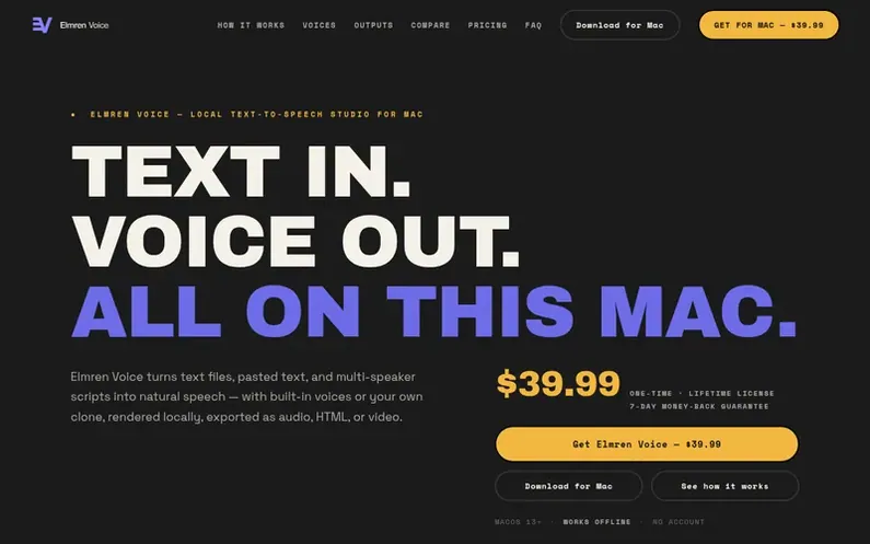 Screenshot of the Elmren Voice homepage