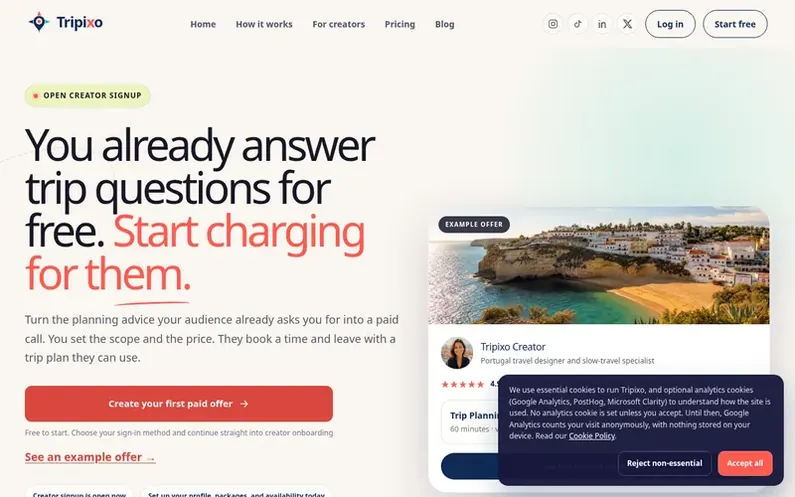 Screenshot of the Tripixo homepage