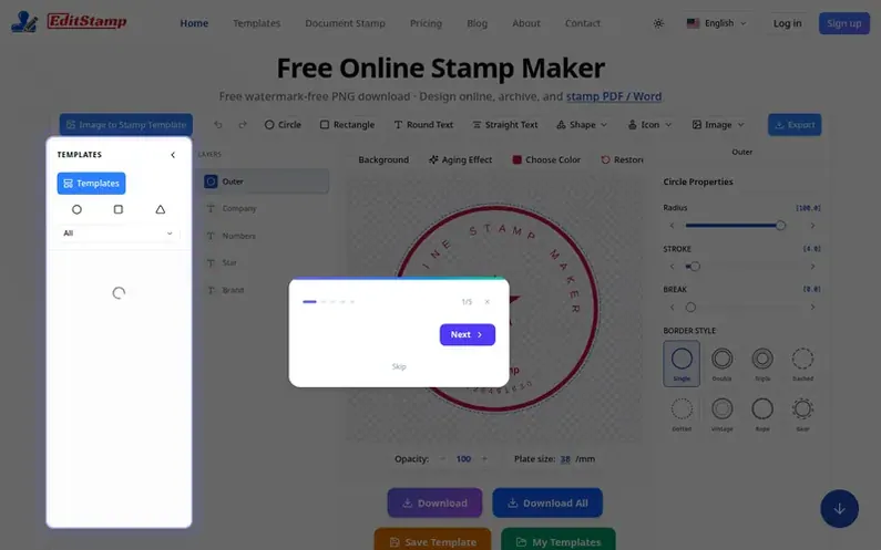 Screenshot of the EditStamp homepage
