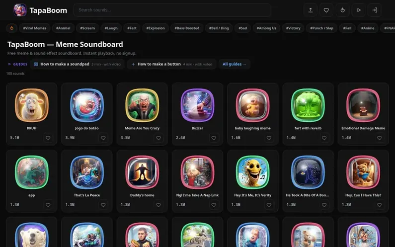 Screenshot of the TapaBoom homepage