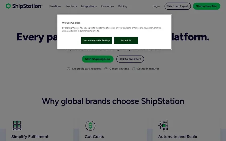 Screenshot of the ShipStation homepage