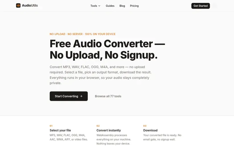 Screenshot of the AudioUtils homepage