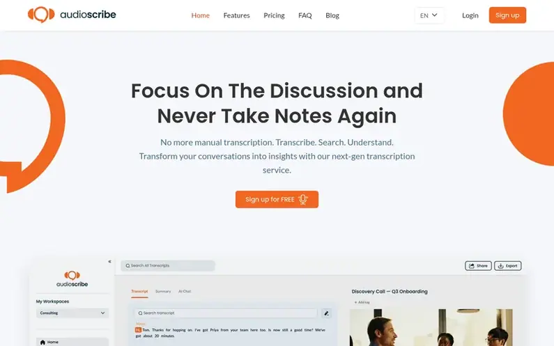 Screenshot of the AudioScribe.io homepage