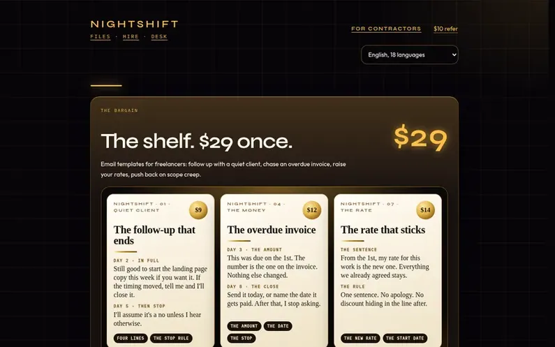 Screenshot of the Nightshift homepage