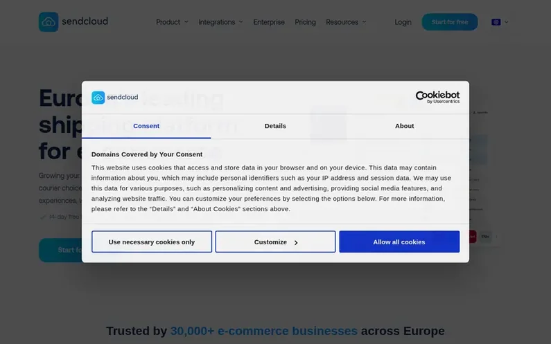 Screenshot of the Sendcloud homepage