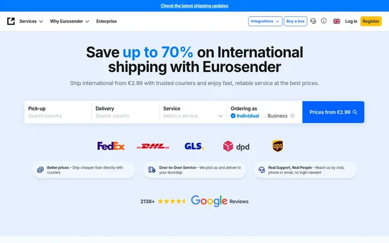 Screenshot of the Eurosender homepage
