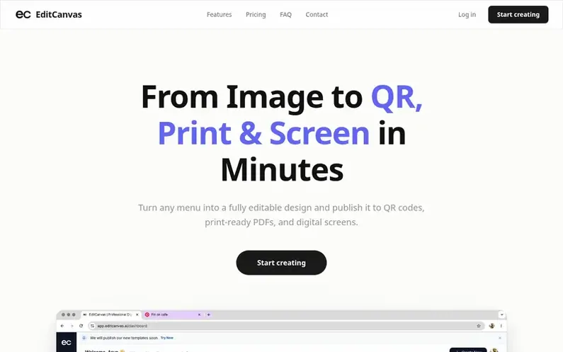 Screenshot of the EditCanvas homepage