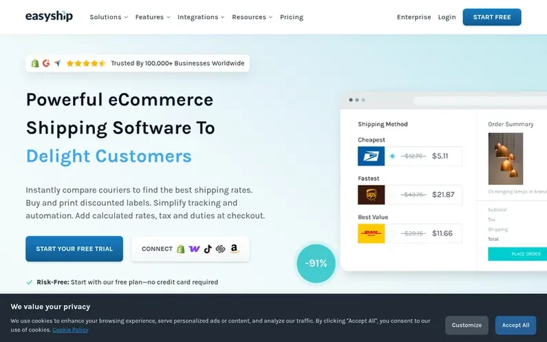Screenshot of the Easyship homepage