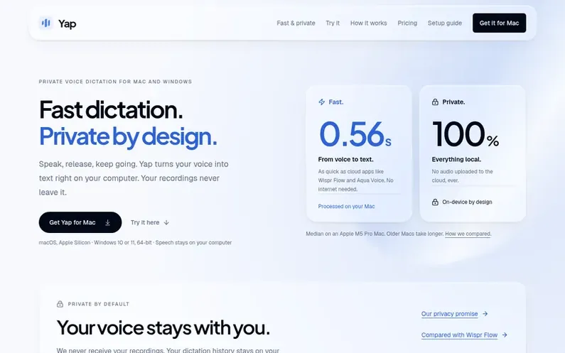 Screenshot of the Yap homepage