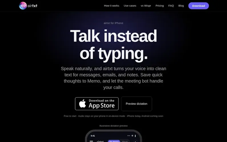 Screenshot of the airtxt homepage