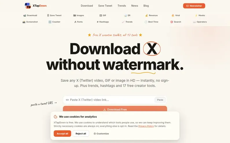 Screenshot of the XTapDown homepage