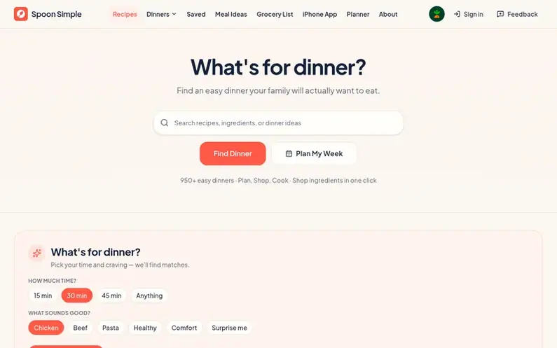Screenshot of the Spoon Simple homepage