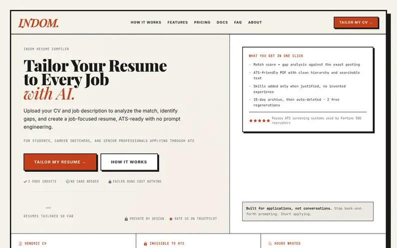 Screenshot of the Indom homepage