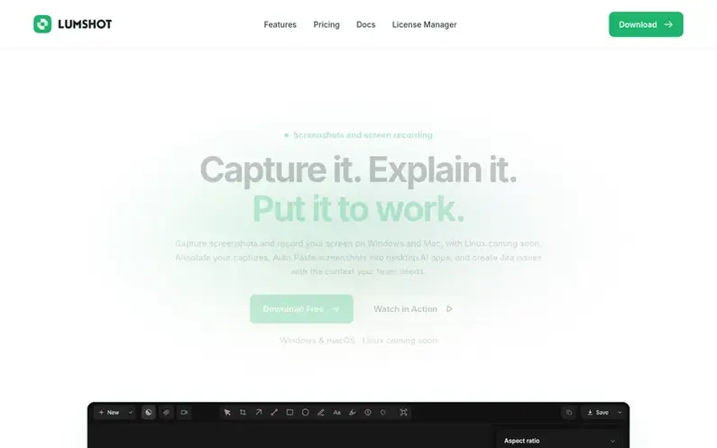 Screenshot of the Lumshot homepage
