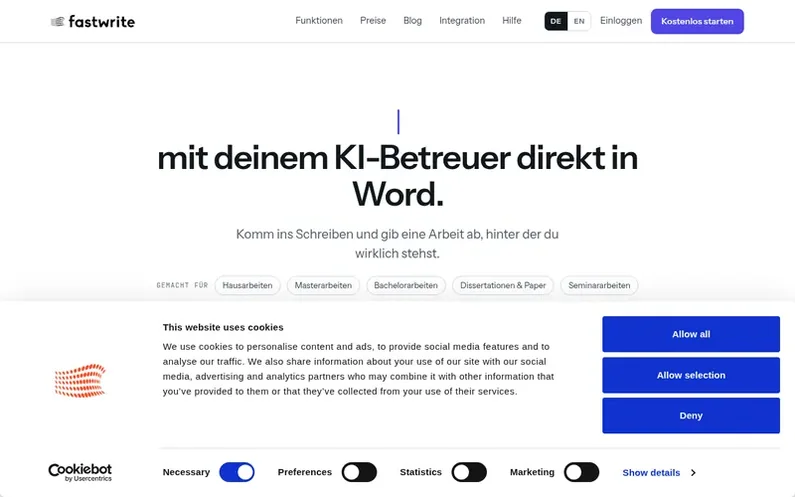 Screenshot of the fastwrite homepage