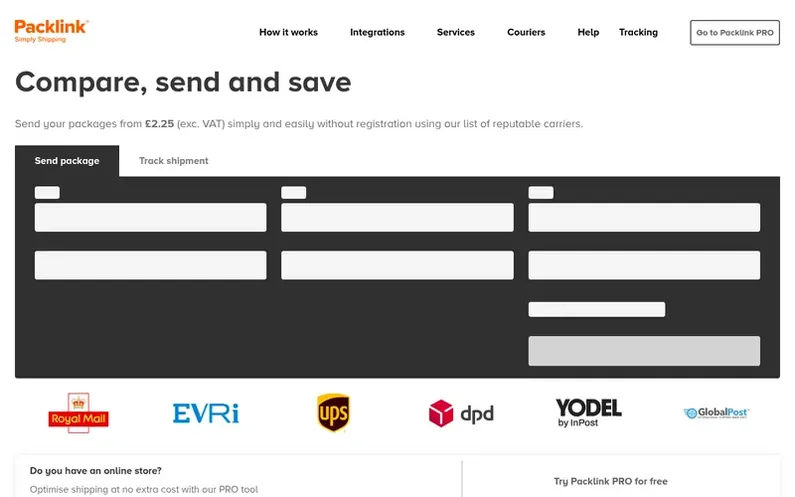 Screenshot of the Packlink homepage