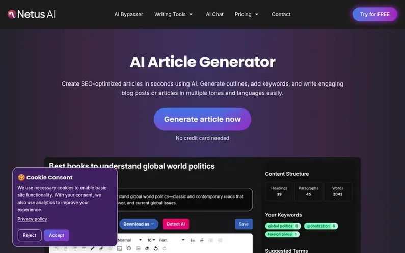 Screenshot of the Netus AI homepage