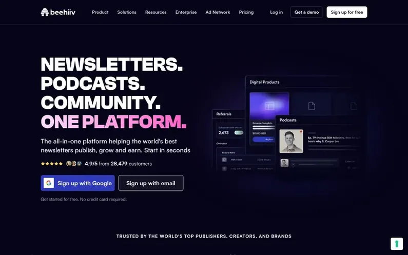 Screenshot of the beehiiv homepage