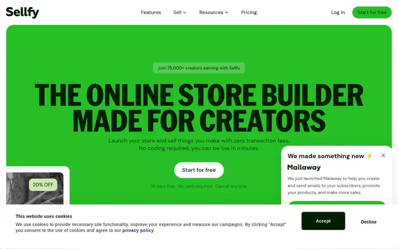 Screenshot of the Sellfy homepage