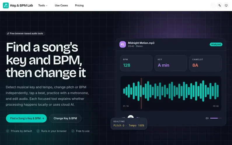Screenshot of the Key & BPM Lab homepage