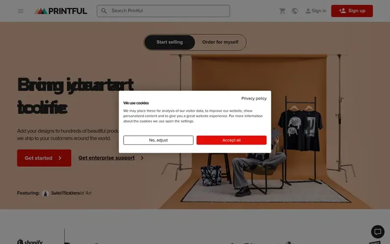 Screenshot of the Printful® homepage
