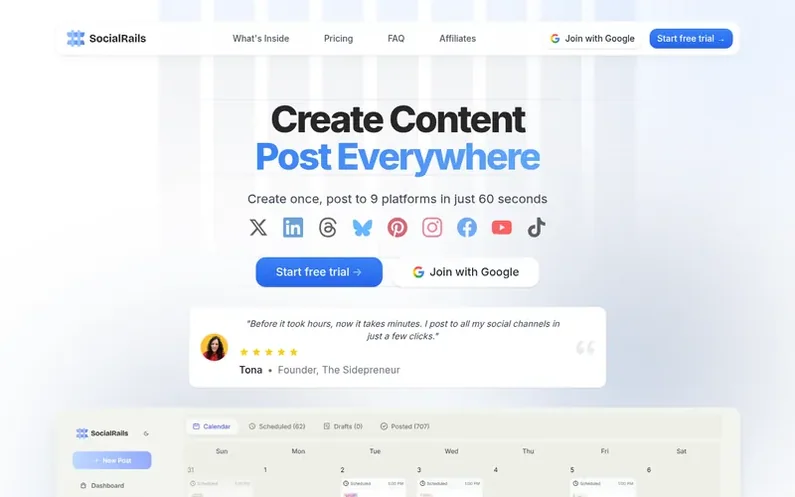 Screenshot of the SocialRails homepage