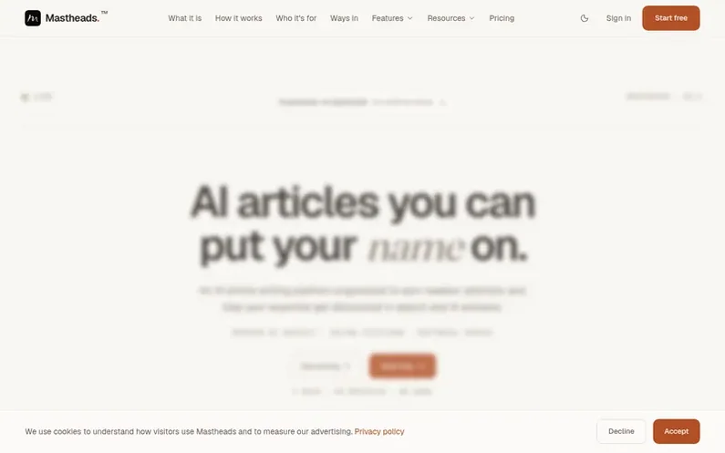 Screenshot of the Mastheads™ homepage