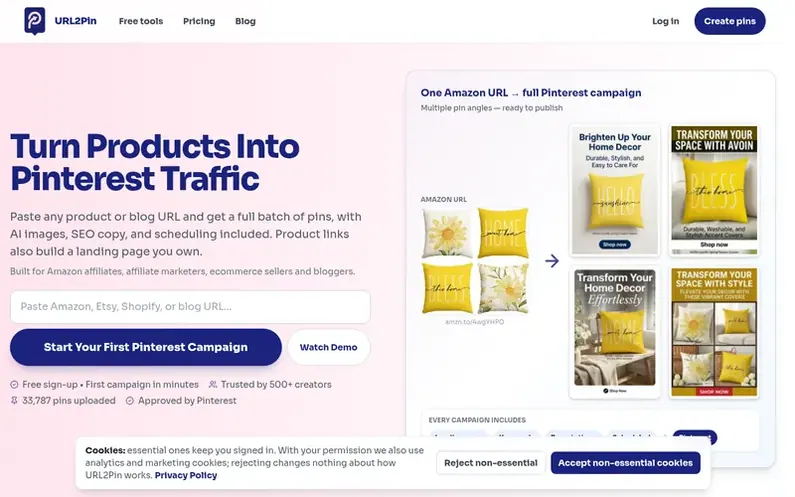 Screenshot of the URL2Pin homepage