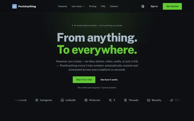 Screenshot of the PostAnything homepage