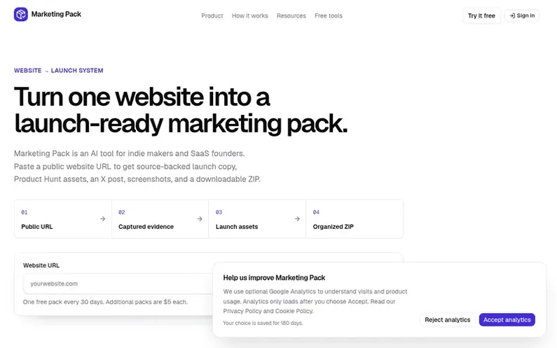 Screenshot of the Marketing Pack homepage