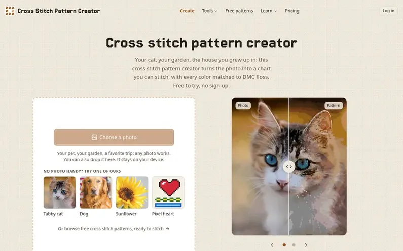 Screenshot of the Cross Stitch Pattern Creator homepage