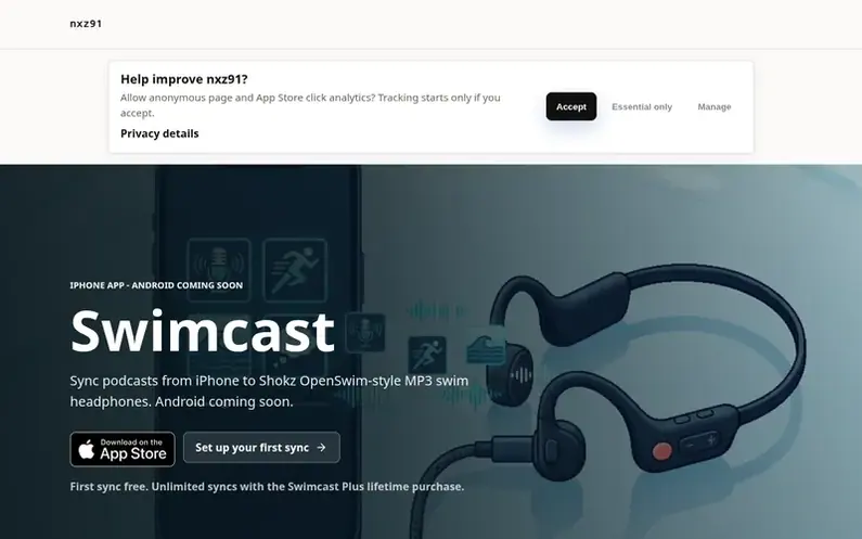 Screenshot of the Swimcast homepage
